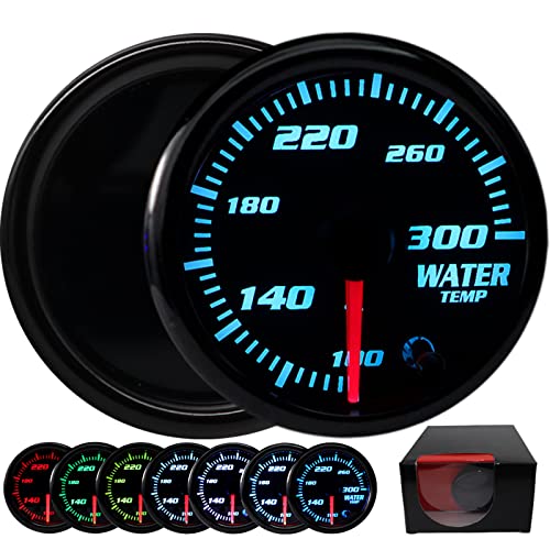 7 Color Water Temp Gauge 100 - 300 Fahrenheit Water Coolant Temperature Gage 2-1/16" 52mm LED Backlight Black Water Temp Meter with Water Temp Sensor