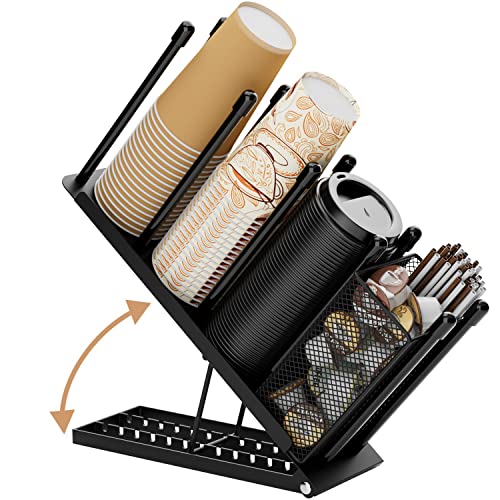 Ovicar Cup and Lid Holder - Adjustable Coffee Cup Holder Organizer 4 Compartment Disposable Cup Dispenser with Mesh Basket for Coffee Pod Straw Storage Metal (Black)