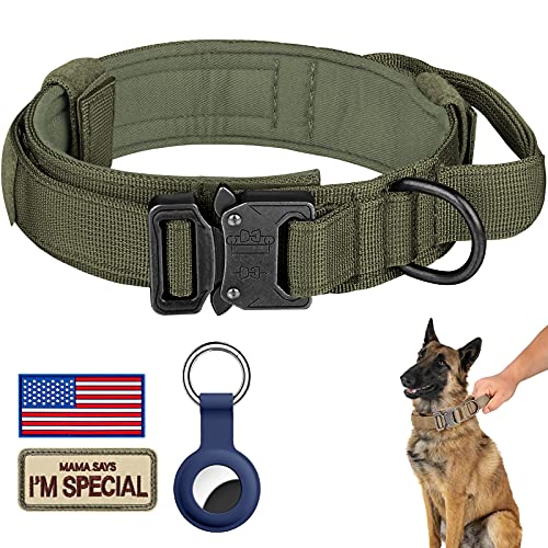 DAGANXI Tactical Dog Collar, Adjustable Military Training Nylon Dog Collar with Control Handle and Heavy Metal Buckle for Medium and Large Dogs, with Patches and Airtags Case (XL, Green)