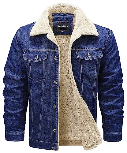 HOW'ON Men's Plus Cotton Warm Fur Collar Sherpa Lined Denim Jacket Button Down Classy Casual Quilted Jeans Coats Outwear Blue S