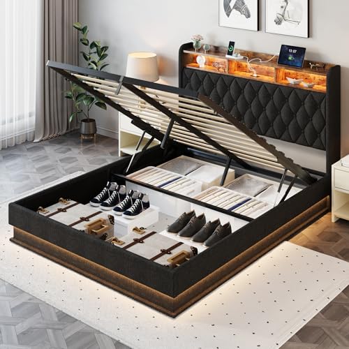 Queen Bed Frame with Storage - Lift Up Queen Size Bed Frame with Headboard, Upholstered Platform Bed with LED Lights & Charging Station, Hydraulic No Box Spring Needed Wood Slats Support, Black