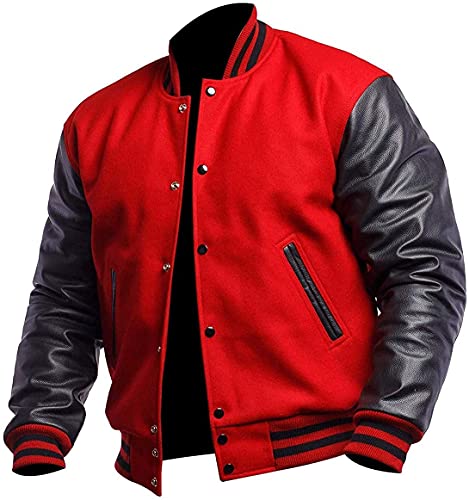 UGFashions Mens College Varsity Baseball Red Wool Black Faux Leather Sleeves Bomber Letterman Jacket