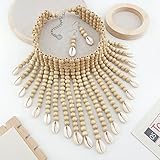 Coiris Boho African Acrylic Beaded Bib Statement Necklace Strands With Shell Layered Cluster Chunky Collar Choker Necklace for Women Fashion Costume Jewelry N0065-Off White+Shell