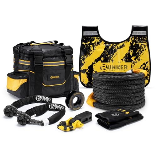 BUNKER INDUST Recovery Kit, 1"×30ft Kinetic Recovery Rope + 2 Soft Shackles + Recovery Ring+ Shackle Hitch Receiver + Winch Dampener+ Gloves+ Carry Bag, Off Road 4x4 Recovery Gear Winch Accessories