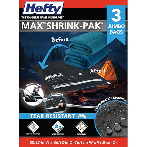 Hefty MAX Shrink-Pak Vacuum Storage Bags – Max Strength Tear-Proof Bags For Clothes, Pillows, Towels, Blankets & More – Space Saver Suction Sealer Bags for Home – 3 Jumbo, 30 x 36 Inches