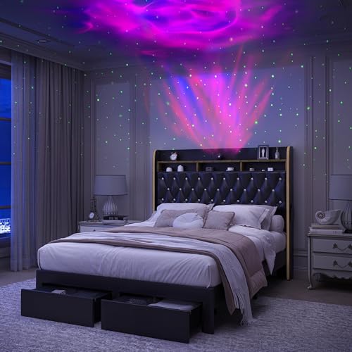 SIBEDS Queen LED Bed Frame with 2 Storage Drawers, PU Upholstered Platform Beds with Galaxy Star Projector Charging Station Speaker, Aurora Bedframe with 2-Tier Storage Headboard, Noise-Free, Black