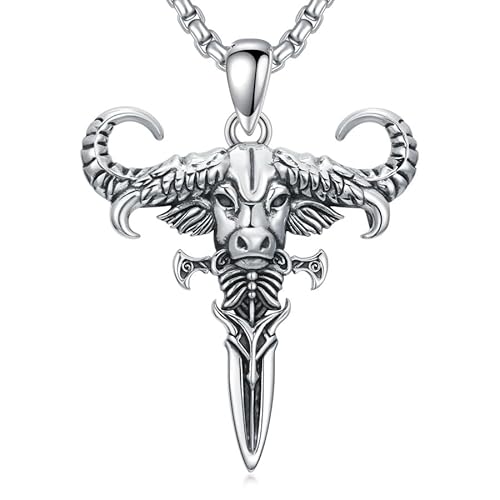 PELOVNY Bull Necklace 925 Sterling Silver Bull Sword Pendant Bull Head Jewelry for Fathers Day Birthday Christmas Gifts Men Women