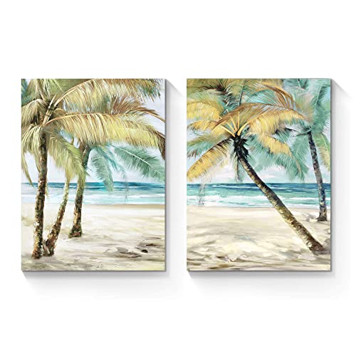 Palm Trees Canvas Wall Art: Coastal Beach Picture Artwork Tropical Ocean Scene Painting Abstract Seascape Print for Modern Living Room Bedroom Bathroom