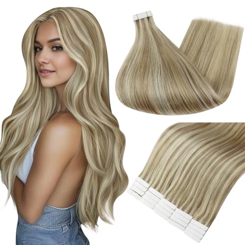 Full Shine Human Hair Extensions Tape Ins 22 Inch Color 16 Light Golden Blonde Highlighted 22 Blonde Tape in Hair Extensions Natural Remy Hair 20Pcs 50Grams Tape Extensions Human Hair