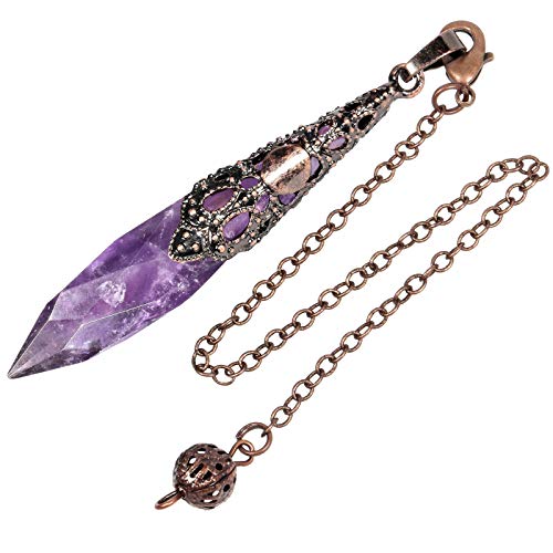 Rockcloud Natural Amethyst Dowsing Pendulum Chakra Crystal Point Pendant Pendulum for Divination Copper Wicca Balancing Meditation Kit