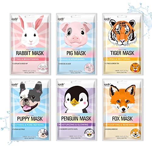 Epielle Animal Character Sheet Masks | Korean Beauty Masks for All Skin Types | Pack of 6 | Kids Face Mask, Birthday Party Gift, Girls' Night, Spa Day, Spa Night | Korean Skincare