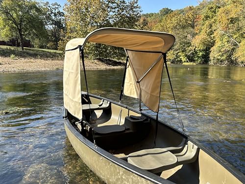 Beige Canoe/Kayak Sun Shade/Canopy Bimini Top Conestoga Wagon Style with 2 Differently Sized Sets of Removable Zippered Side Curtains for Maximum Sun Protection and Complete Customization