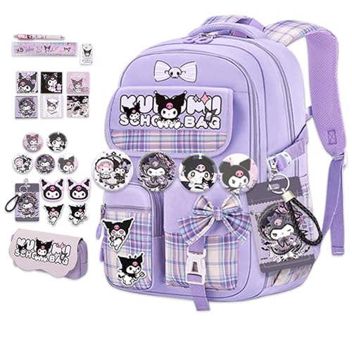 Roffatide Anime Kuromi Kawaii School Backpack for Girls Boys with 21Pcs Accessories Cartoon Aesthetic New Semester Gifts Schoolbag with Cute Pins, Anti-Theft, ID Badge Holder, Laptop Backpack Purple