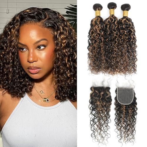 Water Wave 1b/30 Human Hair Bundles with Closure 10 12 14+10 Inch, Brown Highlight Wet and Wavy Curly Bundles Human Hair Sew In Weave, 12A 100% Raw Virgin Hair Black Balayage Bundles with 4x4 Closure