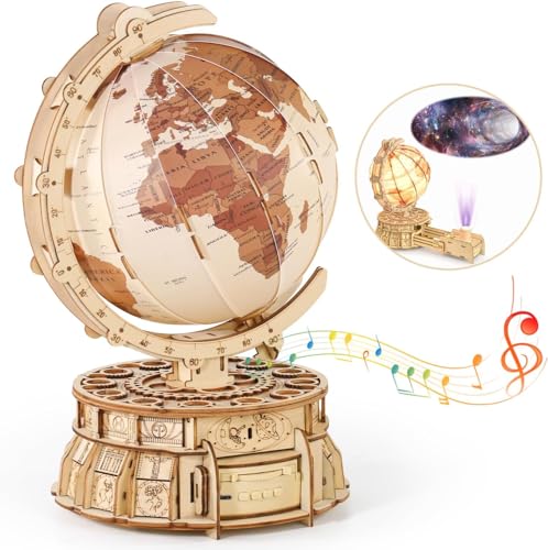 RMOKA 3D Wooden Globe Puzzles for Adults - 188pcs 3D Puzzles Model Kit Built-in LED Music Box with Projection Stem Toys Gifts for Adults/Teens