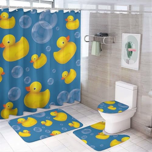 MEIKKO Rubber Ducks 4Pcs Shower Curtain Set with Non-Slip Rugs,Toilet Lid Cover and Bath Mat,Soap Bubbles Bathroom Decor with Hooks 72 X 72 Inches