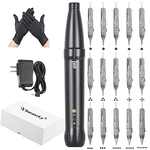 YBEAUTY Eyebrow Tattoo Machine Kit - Micropigmentation Eyeliner Pen with 15pcs Cartridges Needles for Brow Eyeliner Lip Microblading (Black)