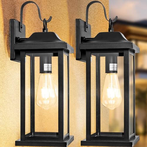 Roravilila 2-Pack 17 Inch Large Outdoor Light Fixtures, Exterior Matte Black Wall Sconces IP65 Waterproof Anti-Rust, Porch Lights with Clear Glass Outside Modern Wall Lanterns E26 Bulb Base