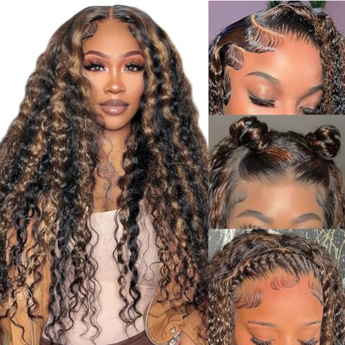 Kdmidun Highlight Lace Front Wig Human Hair Pre Plucked Fb/27 Balayage 13x6 Ombre Lace Front Wigs Human Hair Deep Wave 180% Density Colored HD Glueless Curly Human Hair Wigs 32 Inch