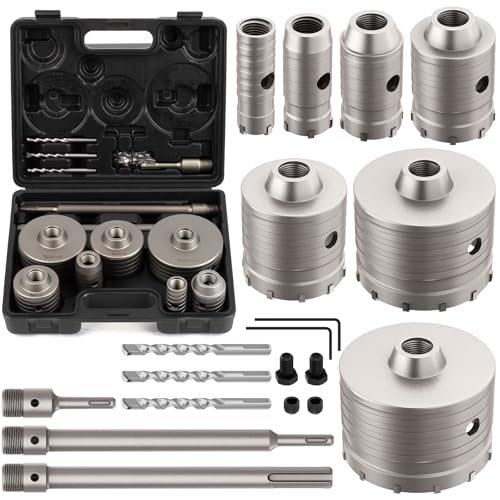 DAIMIT 20PCS Concrete Hole Saw Kits with 2 Drill Bits and SDS Plus & Max Shank, Hole Saw Tool Set for Concrete Cement Brick Stone Wall Drilling, Kit Size 30 40 50 65 80 100 110MM