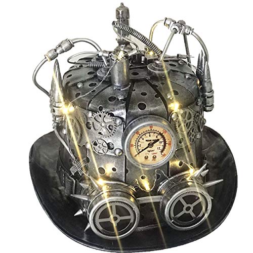 STORM BUY ] Steampunk Style Metallic Top Hat Scientist Time Traveler Halloween Costume Cosplay Party with Goggles & Led Light (Silver with Led Light)