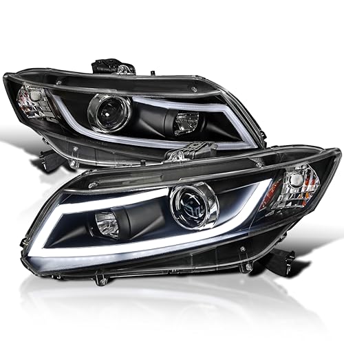 Spec-D Tuning Black Projector Headlights W/LED Light Bar Compatible with 2012-2013 Honda Civic Coupe, 2012-2015 Honda Civic Sedan, Left + Right Pair Headlamps Assembly