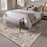 PureCozy Vintage Area Rug 8x10 Brown Washable Living Room Kitchen Indoor Carpet Non Slip Bedroom Traditional Medallion Distressed Retro Low Pile Accent Throw Large Rug Office Dining