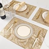 Crisjanggo Gold Placemats Set of 6, Wipable Rectangular Table Place Mats Bulk Pressed Vinyl Placemats for Party Dining Wedding Centerpiece Decorations