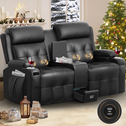 Aotolo Reclining Loveseat, Massage Loveseat Recliner Sofa Heavy Weight Capacity, RV Love Seat Chair Clearance with Console, USB, Type C Port, Storage, Cup Holders, Wall Hugger Couch for Living Room