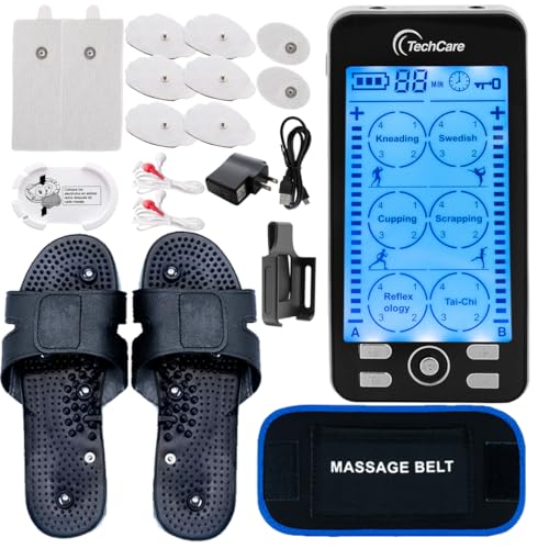 TechCare Plus 24 Modes Tens Unit Muscle Stimulator Massager Rechargeable Unit Electric Complete Set + Massage Belt + Reflexology Shoes Back Neck Pain