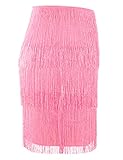 MANER Women’s Fringe Skirt Stretchy Sparkly Bodycon Tassel Trim Mini Skirt (Large, Sparkly Pink)