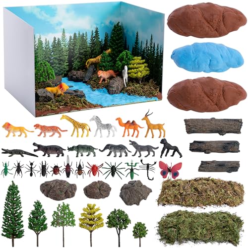 codree 65 Pcs Jungle Diorama Kit Habitat Project Box Set, Cardboard Diorama Box Animals Model Scenery Kit, Animal Figurines Rainforest Diorama Supplies for DIY Crafts Birthday Gifts Party Favor