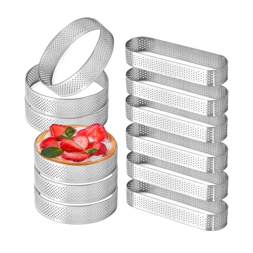 Uncle Jack 12 Pcs Stainless Steel Tart Rings, 3.15 inch + 5 inch Perforated Tart Rings for Baking, Tart Rings Perfect for Small Fruit Tarte Crust, French Dessert, Cake (Circle and Oval)