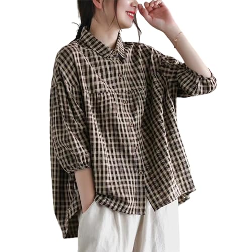 Korean style summer shirt women's retro cotton linen checkered shirt women's loose casual short sleeved top (Coffee,M)
