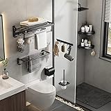 VOLPONE 24 Inch Towel Rack with Towel Bar Holder Foldable Towel Shelf with Movable Hooks Rustproof Towel Storage Wall Mount for Bathroom Lavatory Matte Black