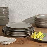 Gibson Elite Beckett Stoneware Matte Reactive Glaze 16 Piece (Service for 4) Plates and Bowls Dinnerware Set - Grey