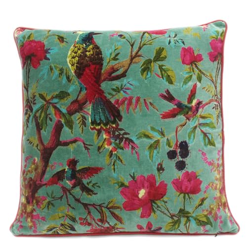 Eyes of India Velvet Floral Flower Bird Throw Pillow Sofa Cushion Cover Case Couch Colorful Boho Chic Bohemian Accent Indian Handmade (Green, 24" x 24")