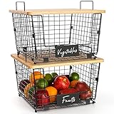 2 Set Stackable Wire Basket with Bamboo Top - Kitchen Counter, Pantry Organizer and Storage - Produce Onion Potato Fruits Vegs Bread Food Snack Spice Organizing Bin for Cabinet Shelf Countertop Floor