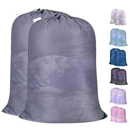 Polecasa Heavy Duty Extra Large Mesh Laundry Bags with ID Tag and Locking Drawstring Closure - 2 Pack, 30 x 36 inches - Laundry Hamper Liner, Washable Laundry Bag for Travel, Sports, Dorms (Grey)