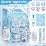 Ensccant Backpack for Girls with 14Pcs Accessories - Anime Schoolbag Cartoon Backpack Laptop Bookbags Anti-Theft Travel Aesthetic New Semester Gifts Bag with Pins,ID Badge Holder,Stationery - Blue