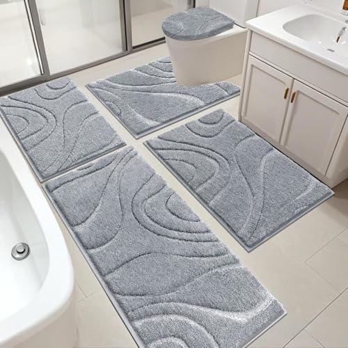 HEBE Bathroom Rugs Sets 5 Piece, Soft Absorbent Microfiber Bath Mat for Bathroom, Non Slip Washable Bath Rug Set with Toilet Cover, Bath Runner and U-Shaped Contour Toilet Rug, Light Grey