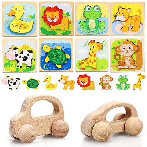 TOY Life Wooden Toys Set with Wooden Cars for Babies, 8 Pack Animal Wooden Toddler Puzzles