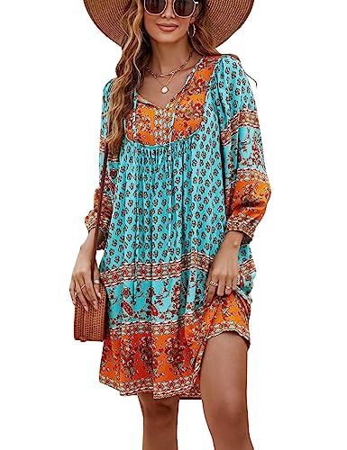 Bluetime Women Bohemian Summer Sundress Loose Fit 3/4 Sleeve Casual Dress V Neck Plus Size Cover ups (XXL, Neo Mint)