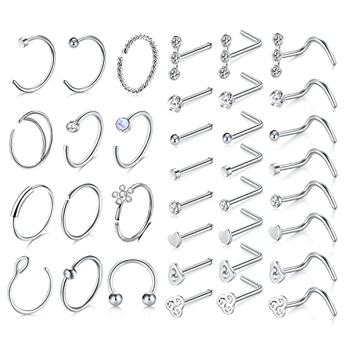MODRSA Nose Rings Nose Piercings Hoop Nose Rings for Women Stainless Steel Silver Nose Rings Studs