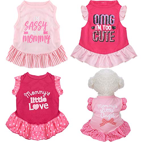 Weewooday 4 Pieces Pet Dress Shirt Cute Pink Dog Sundress Printed Dog Princess Dress Puppy Summer Apparel Clothes Pet Skirt Shirt with Ruffles Cloth for Small Dogs Cats Puppy(XS)