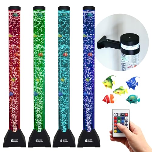 Special Supplies Aquarium Sensory Fish Bubble Light Tube with 16 LED Color Changing Nightlight Effect, Remote Control, and 5 Fishes, Colorful Floor Standing Lamp for Kids and Adults (4 feet)