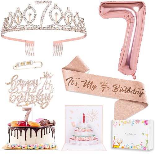 7th Birthday Decorations for Girls - Cake Topper, Queen Sash With Pearl Pin, Rhinestone Tiara Crown, Number Candles and Balloons Set, Rose Gold