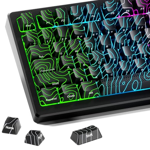 HITIME XVX Shine Through Keycaps w/IMD Tech, Custom Topographic Keycaps 60 75 100 Percent, Black Keycap Set Lines Backlit, OEM Profile Keycap, Side Printed Keyboard Keycaps for Keyboards(Only Keycaps)