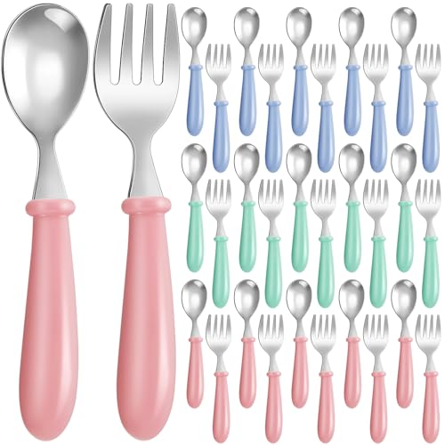Dandat 48 Pcs Toddler Utensils Kids Silverware Set Stainless Steel Baby Forks and Spoons Toddler Safe Flatware Metal Kids Cutlery with Round Thick Grip Handles for Self Feeding, Dishwasher Safe
