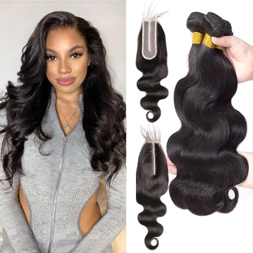 Body Wave Bundles with Closure Human Hair 18 20 22+2x6 HD Lace Closure 16Inch Brazilian 100% Human Hair Quick Weave Bundles Human Hair for Women Natural Black